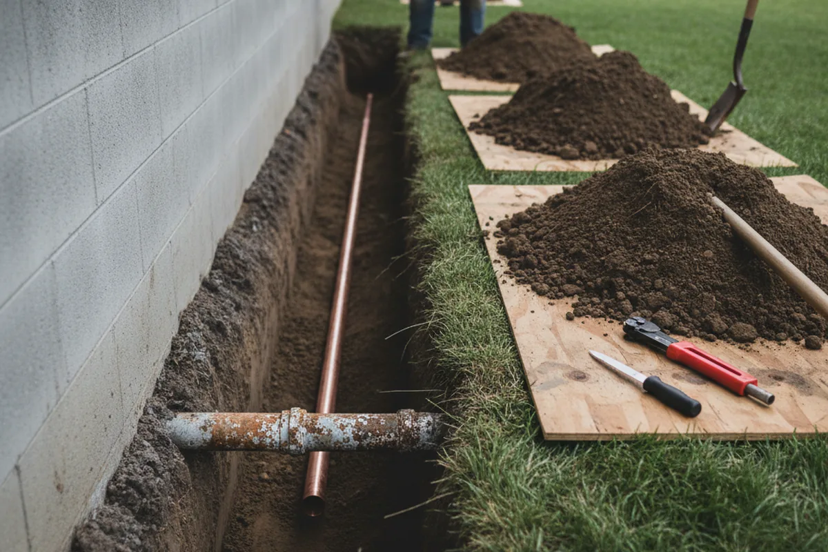 Excavated water line trench during Sewer Line Repair in Ridgecrest